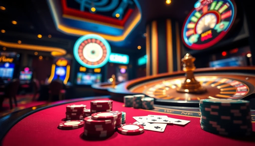 Gambling excitement at xin88 with vibrant poker chips and a spinning roulette wheel.