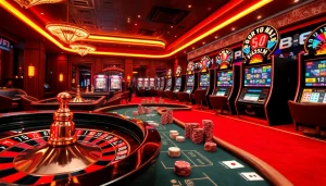 Engaging scene of nhà cái win678 online casino featuring vibrant gambling elements including poker chips and roulette wheel.