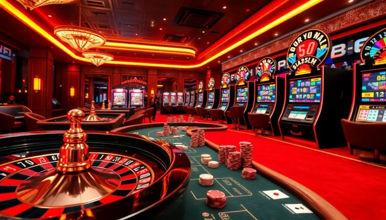 Engaging scene of nhà cái win678 online casino featuring vibrant gambling elements including poker chips and roulette wheel.