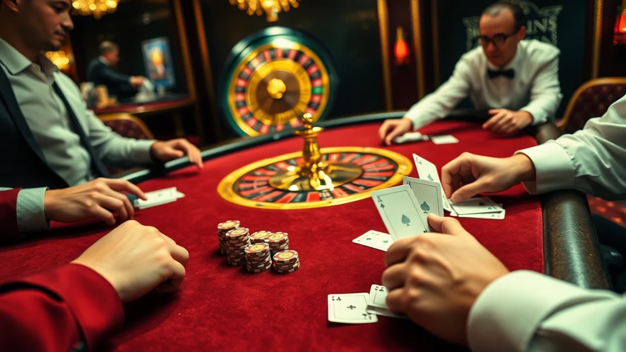 Experience the thrill of tha bet at a luxurious casino table with vibrant lights and action.