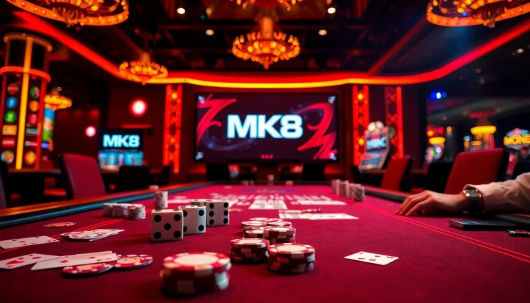 High-stakes action at MK8 casino with cards, dice, and vibrant gambling atmosphere.