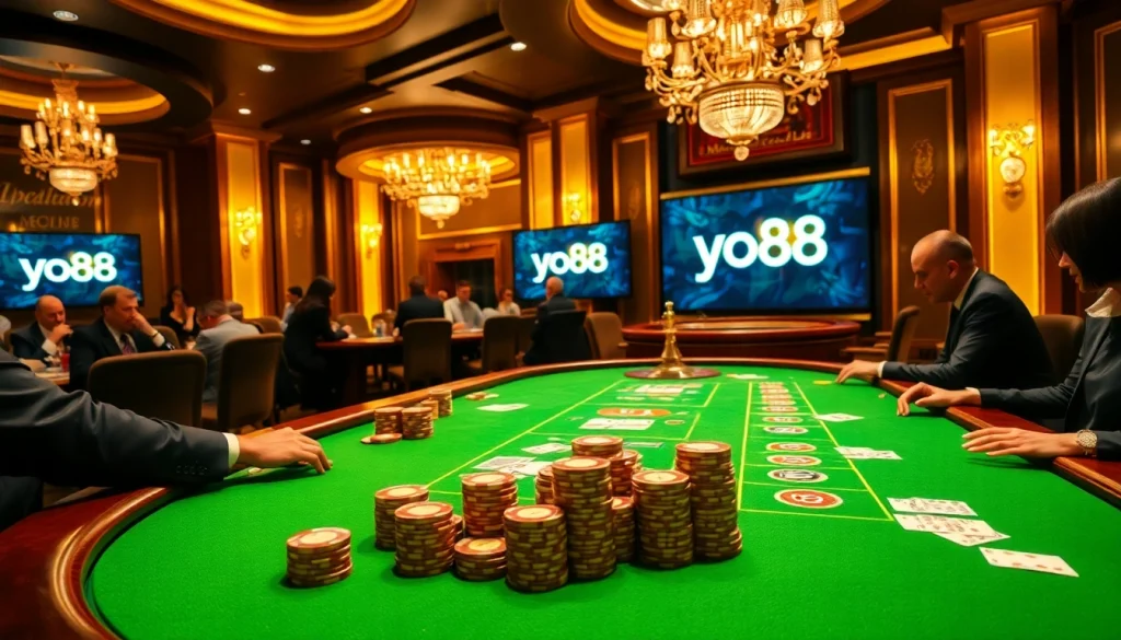 Play poker at yo88's luxurious casino table with stacked chips and vibrant cards.