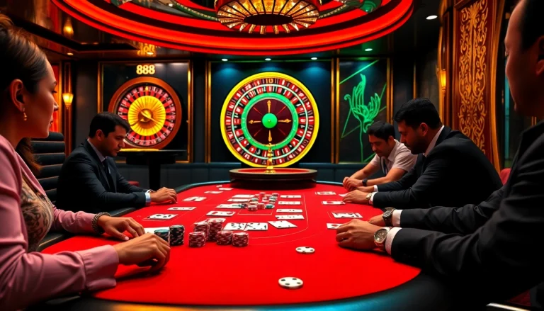 Join the excitement at trang chủ 88i with players at a vibrant poker table in a luxurious casino.