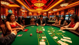 Exciting five88 casino scene featuring players at a luxurious baccarat table and vibrant slot machines.