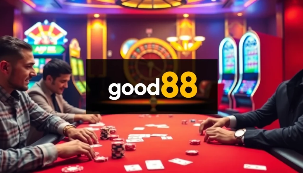 Experience high-stakes play at good88 with vibrant poker chips and an exciting casino atmosphere.