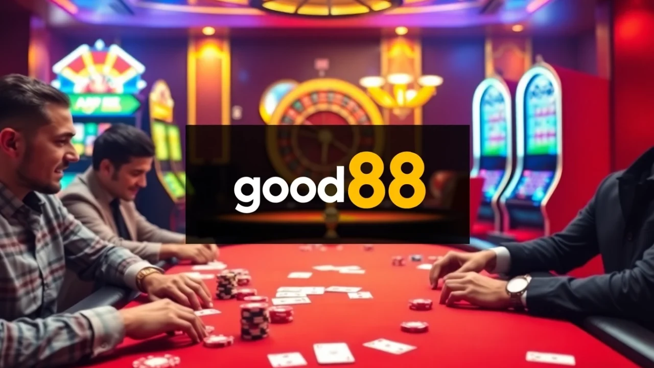 Experience high-stakes play at good88 with vibrant poker chips and an exciting casino atmosphere.