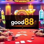 Experience high-stakes play at good88 with vibrant poker chips and an exciting casino atmosphere.