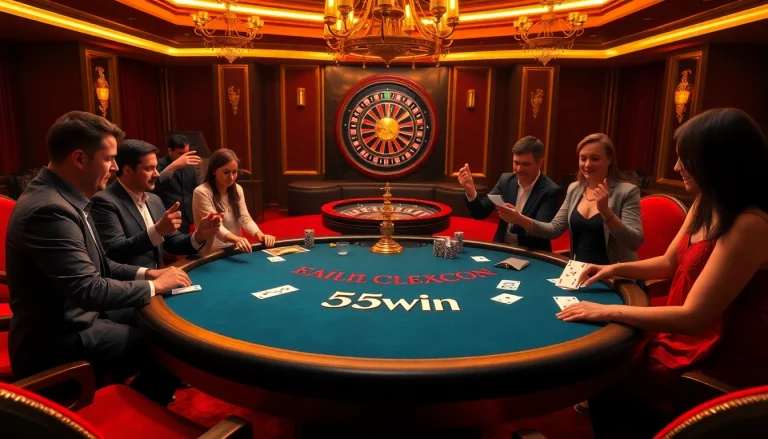 An exciting moment at a blackjack table featuring 55win branding with players and poker chips in a luxurious casino.