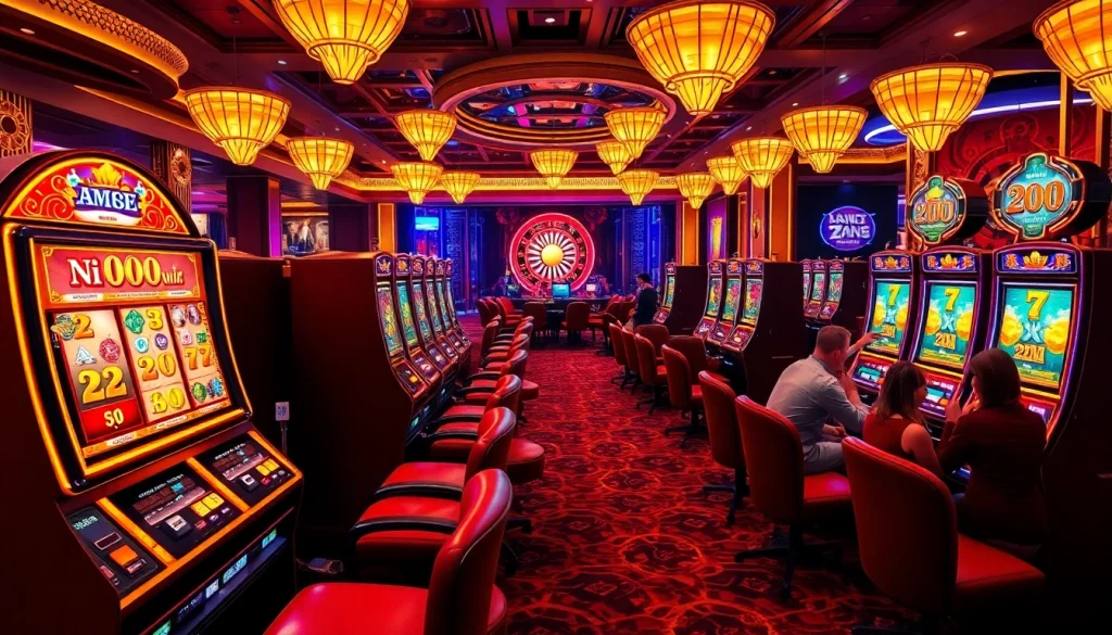 Players celebrating big wins on nổ hũ slot machines in a luxurious casino environment, filled with vibrant colors and excitement.