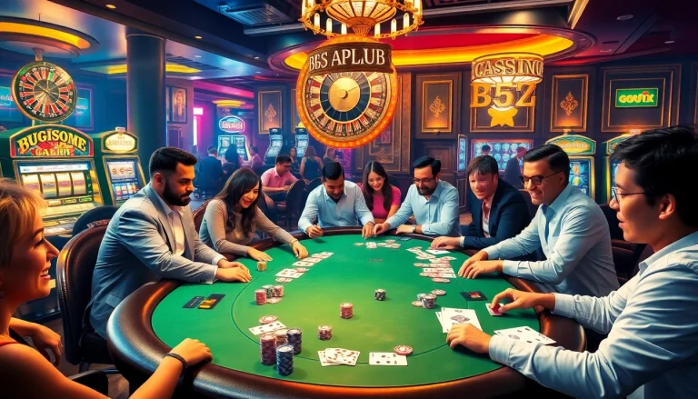 Players enjoying high-stakes poker at B52 Club, showcasing excitement and strategy in a vibrant casino ambiance.