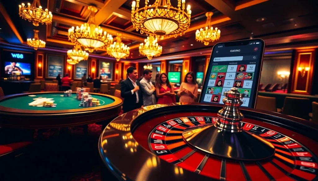 Experience w88 đăng nhập with excitement at a vibrant casino featuring roulette and poker games.