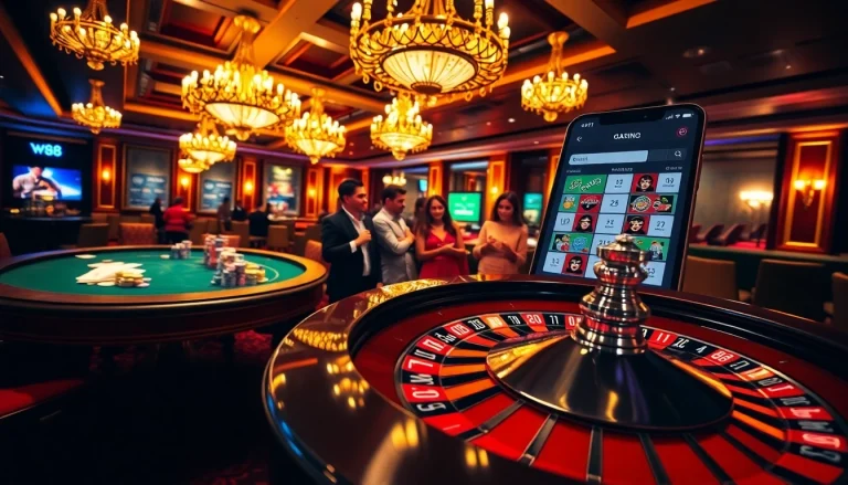Experience w88 đăng nhập with excitement at a vibrant casino featuring roulette and poker games.