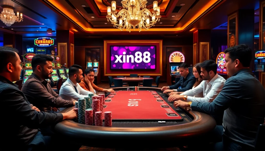 Experience the excitement of xin88 with a luxurious poker table surrounded by eager players.