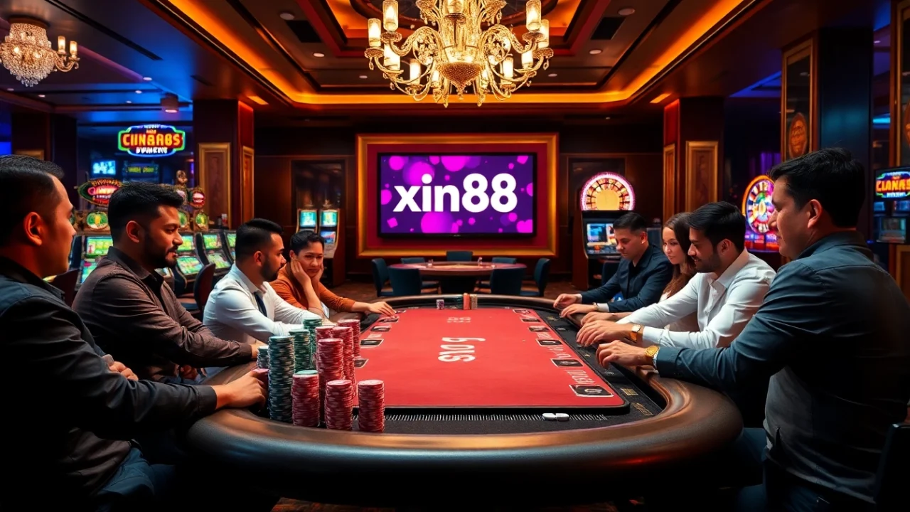 Experience the excitement of xin88 with a luxurious poker table surrounded by eager players.