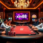Experience the excitement of xin88 with a luxurious poker table surrounded by eager players.