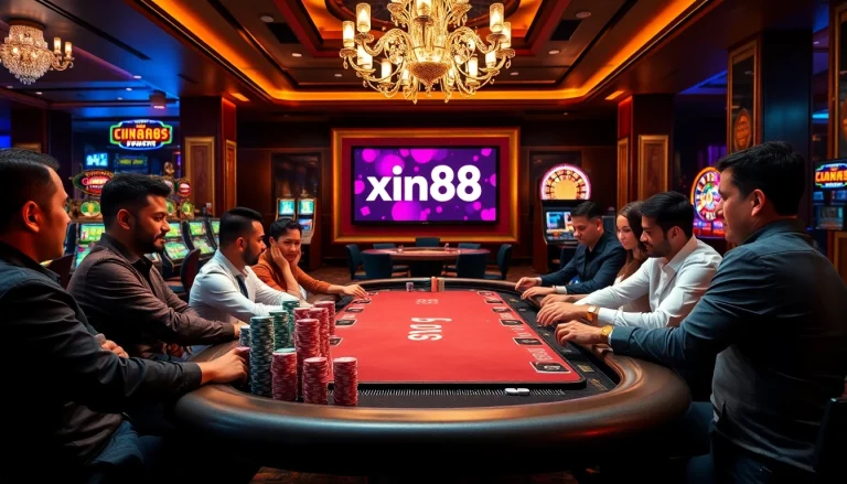 Experience the excitement of xin88 with a luxurious poker table surrounded by eager players.