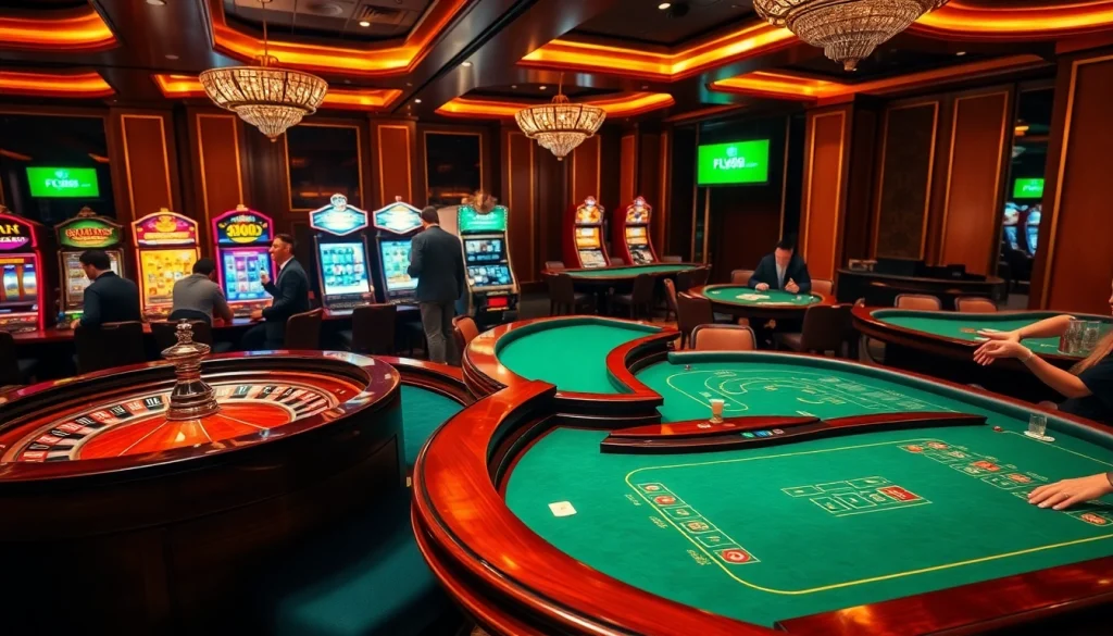 Players enjoy a thrilling game at FLY88.DEAL casino, showcasing vibrant tables and exciting atmosphere.