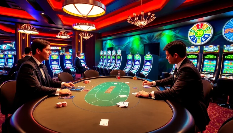 Players enjoying an engaging game at a luxurious 39BET casino blackjack table with colorful chips.