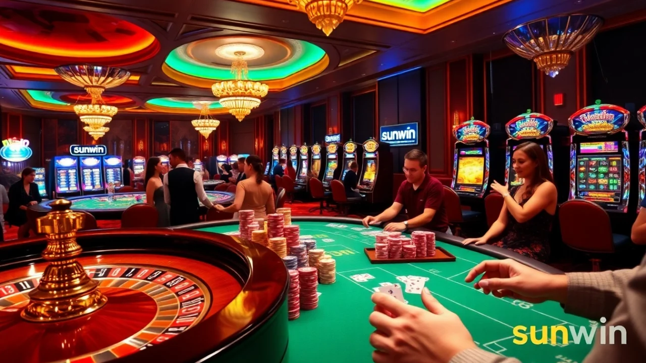 Players winning excitement at Sunwin's luxurious casino table with vibrant chips and cards
