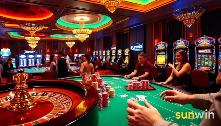 Players winning excitement at Sunwin's luxurious casino table with vibrant chips and cards