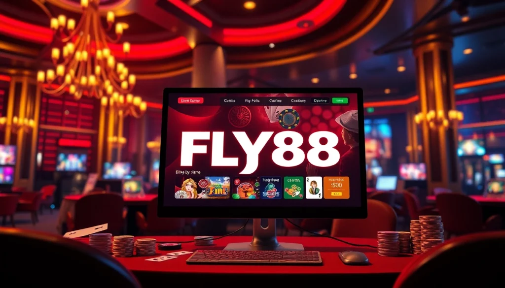 A lively online gambling scene featuring nhà cái uy tín FLY88 showcasing vibrant casino games and luxurious atmosphere.