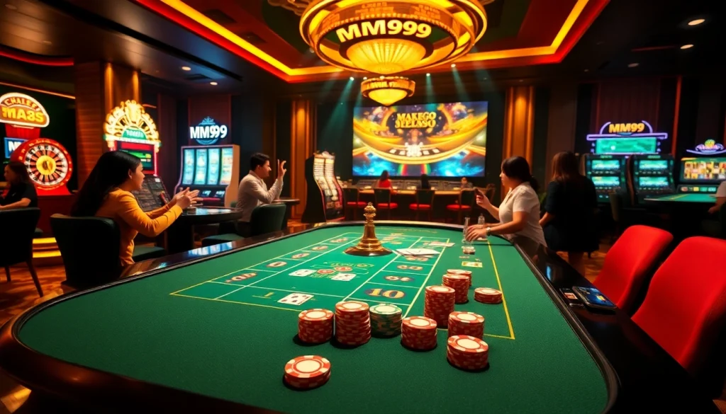 Engaged players experiencing luxury gambling at MM99 casino with lively roulette and cards.