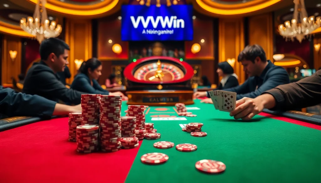 Players engaging in an exciting poker game at VVVWin's vibrant casino scene.
