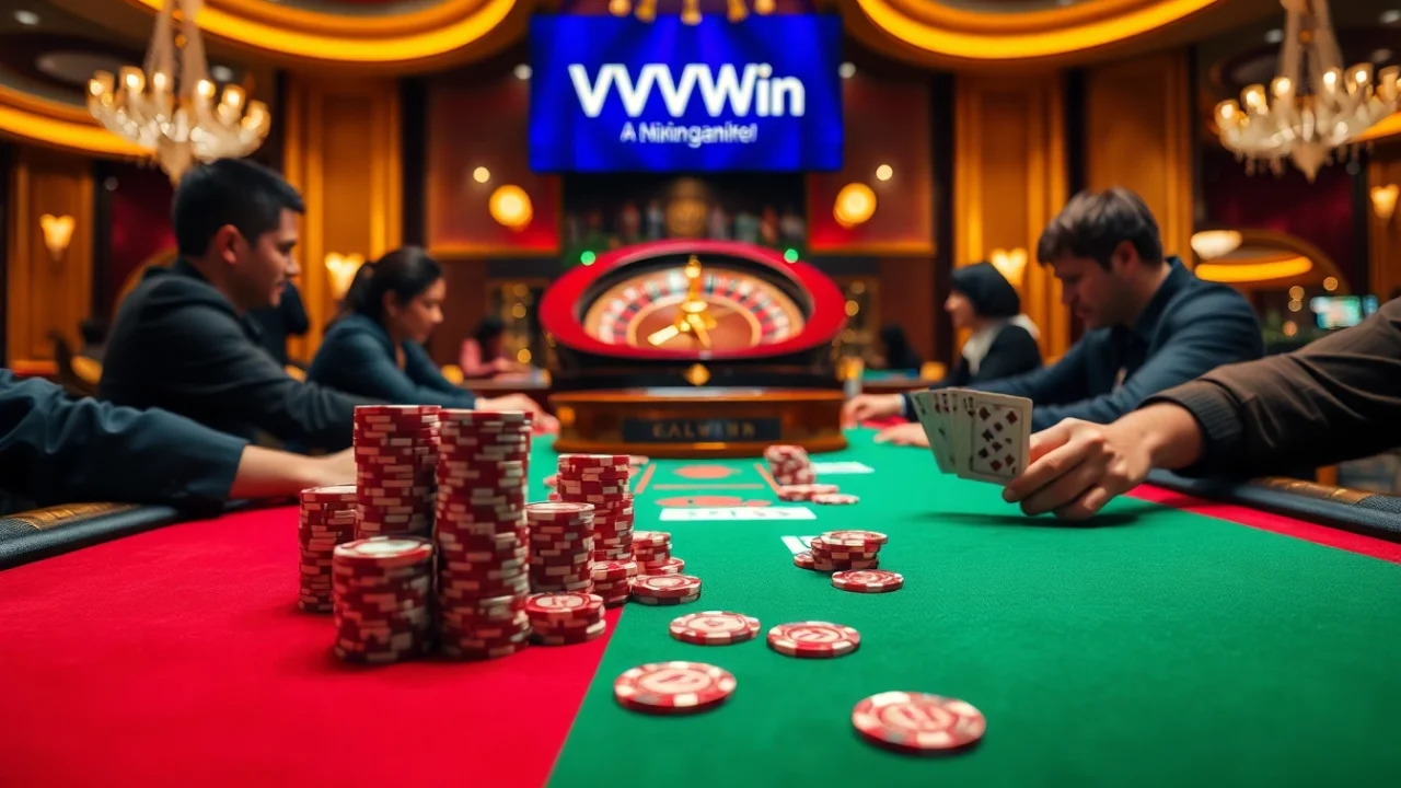 Players engaging in an exciting poker game at VVVWin's vibrant casino scene.
