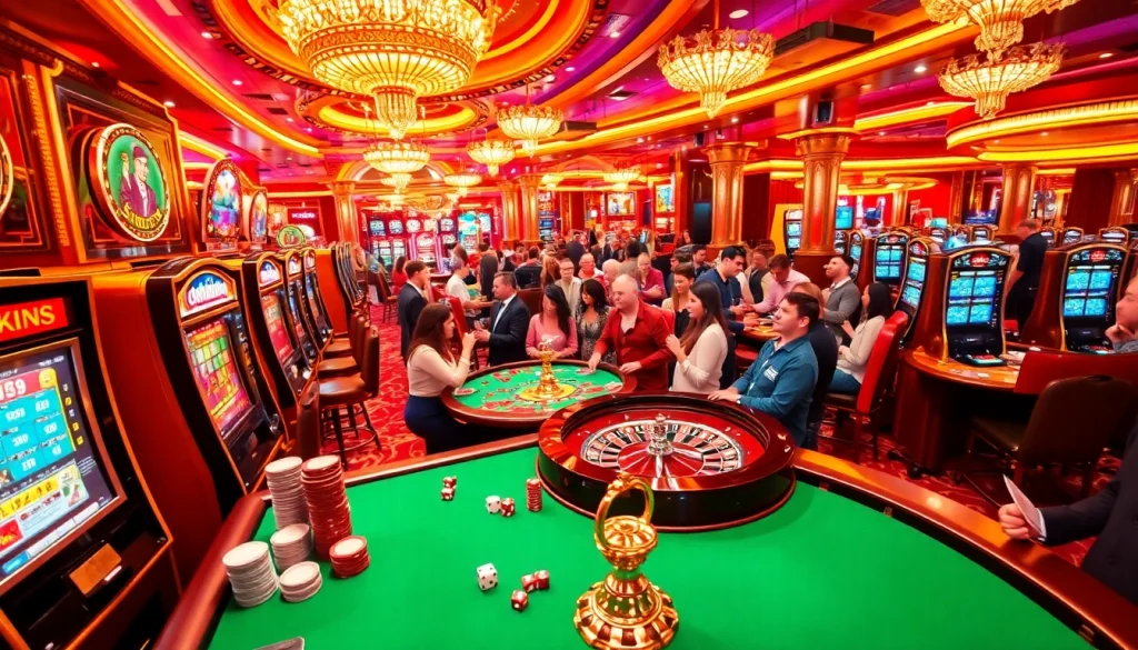 Engaged players celebrate wins at a vibrant LUCK8 casino scene, featuring slot machines and poker tables.