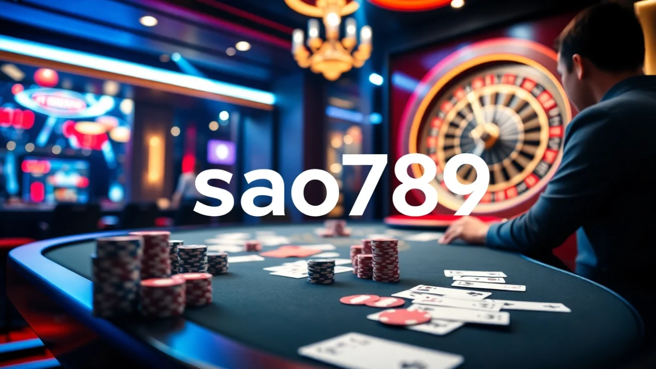 Sao789 online gambling table with vibrant chips and cards, creating an exciting casino atmosphere.