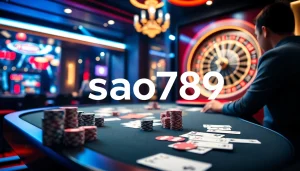 Sao789 online gambling table with vibrant chips and cards, creating an exciting casino atmosphere.