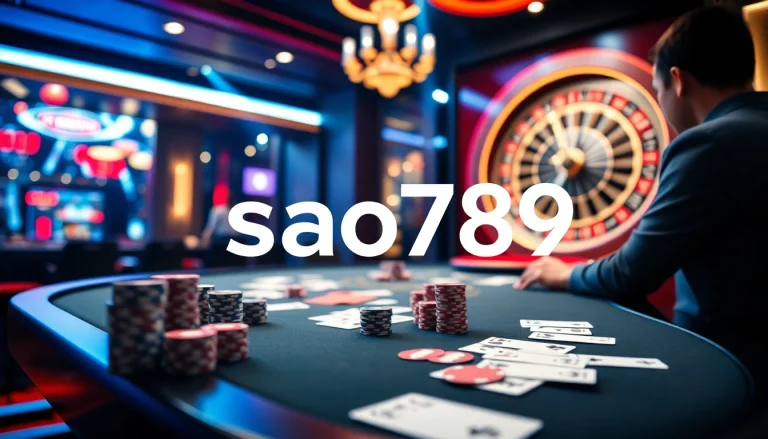 Sao789 online gambling table with vibrant chips and cards, creating an exciting casino atmosphere.