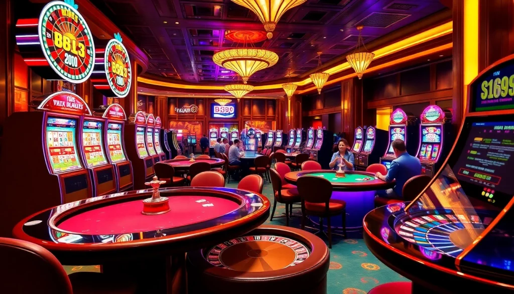 Players enjoying the excitement of BJ88's casino games with vibrant tables and machines.
