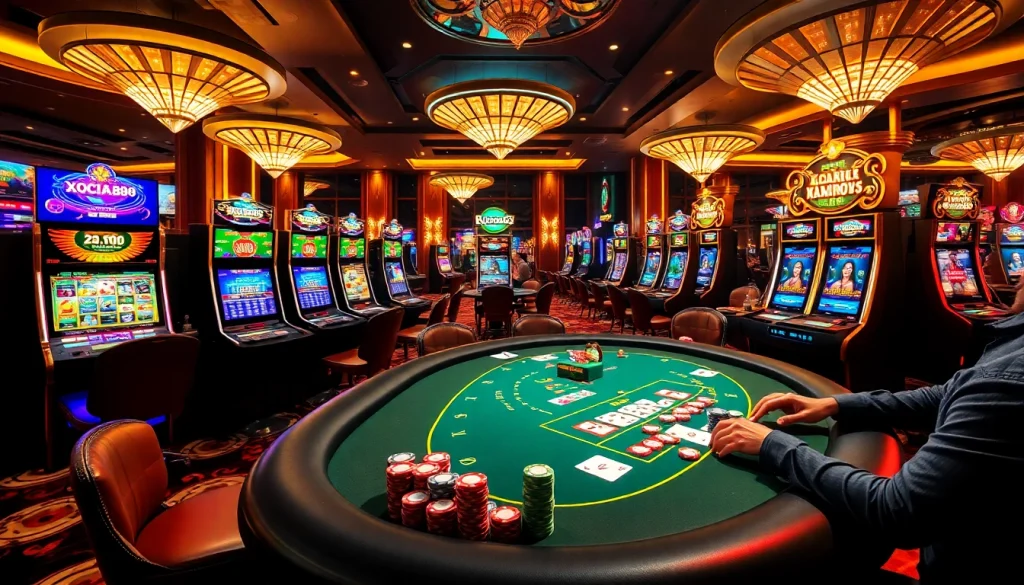 Xocdia88 gaming table with vibrant chips and modern gambling experience.