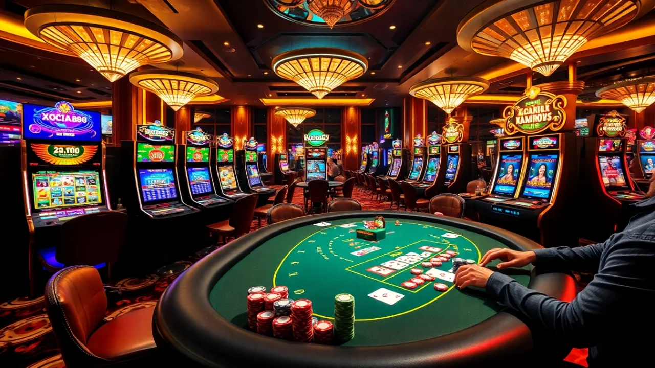 Xocdia88 gaming table with vibrant chips and modern gambling experience.