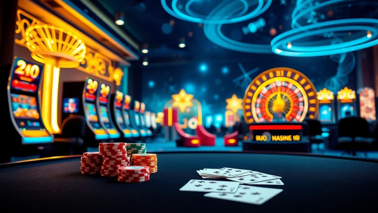 Engage with Plataforma XXGG's vibrant online gambling experience featuring poker chips and roulette wheels.
