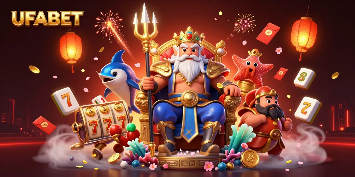 UFABET brings excitement with a vibrant 3D illustration of Neptune, samurai, and slot reels.