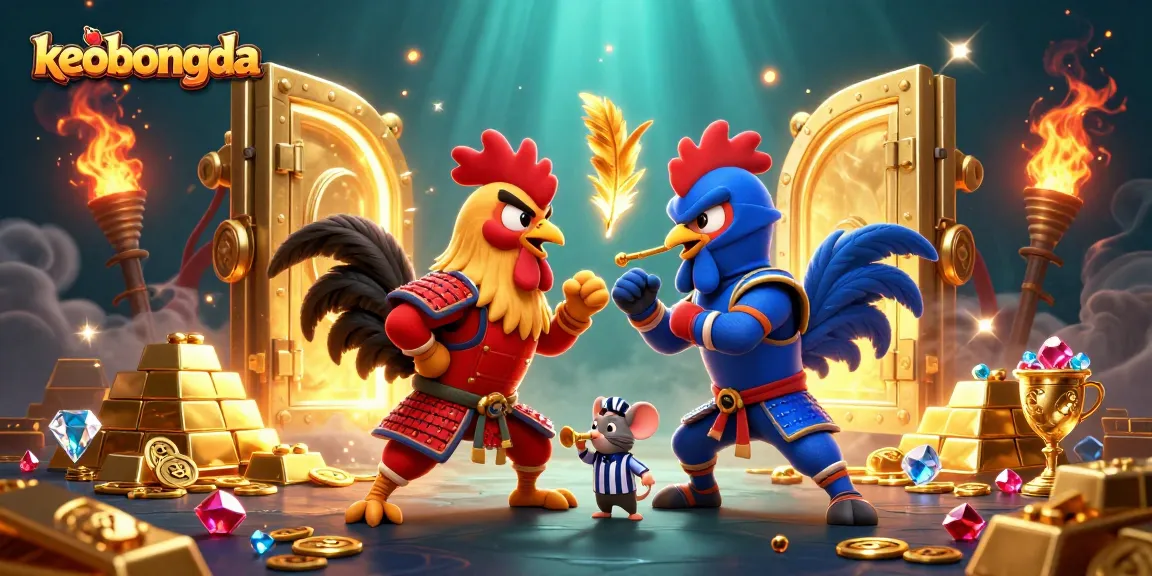 Bet on exciting keobongda matches while watching 3D fighting roosters in a dramatic scene.