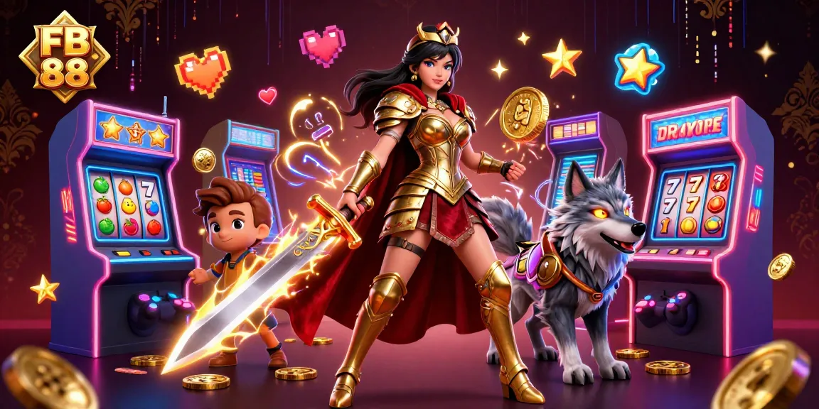Engage with FB 88's immersive casino world featuring a warrior queen and vivid game elements.