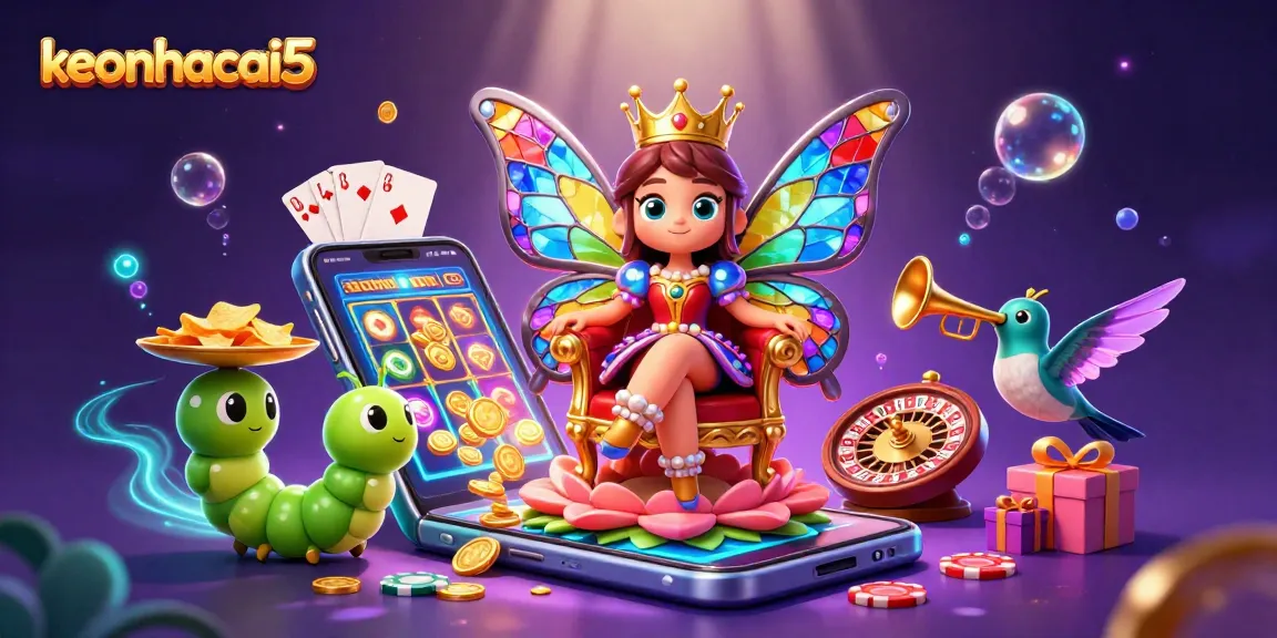Engage with keonhacai5 in a vibrant, 3D illustration featuring a butterfly queen celebrating casino excitement.