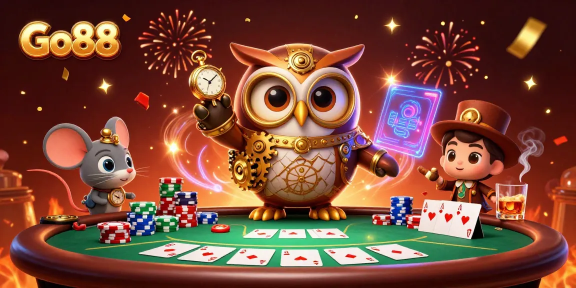 Engage with Go88's vibrant gaming scene showcasing poker elements and celebrating characters.