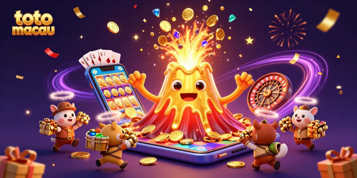Experience the thrill of toto macau as coins erupt from a golden volcano alongside slot games.