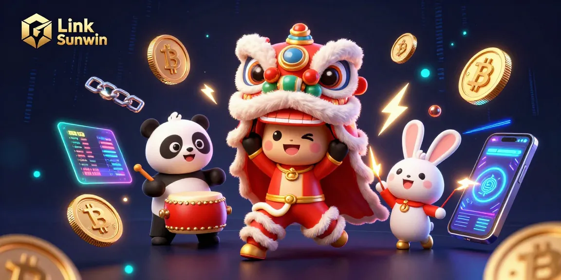Experience thrilling gameplay with Link Sunwin's vibrant casino illustration showcasing games and crypto elements.