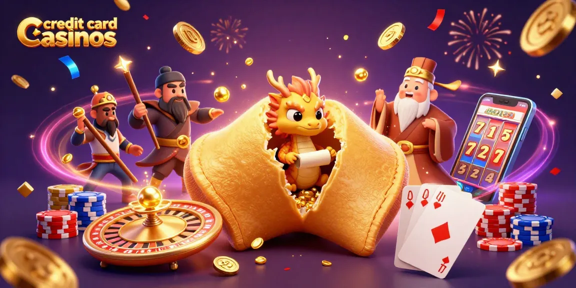 Experience excitement at credit card casinos with this vibrant scene featuring a wise dragon, casino elements, and festive atmosphere.