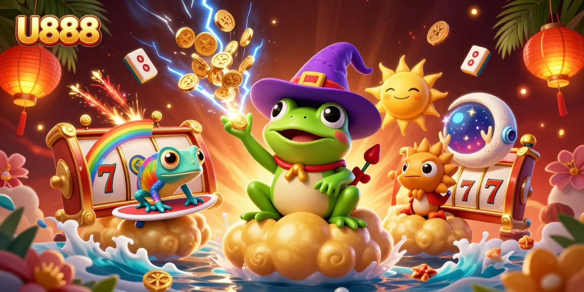 U888 casino illustration showing a wizard frog and chameleon amid golden coins and slot reels.