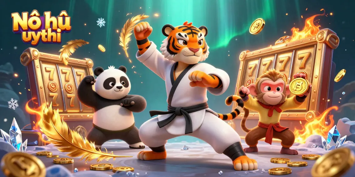 Nổ hũ uy tín offers thrilling jackpots and spins while engaging playful characters in a vibrant casino scene.