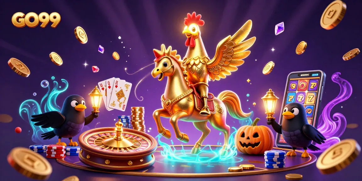 Engage in thrilling action at GO99 casino, showcasing a golden rooster and crow companions amidst cascading coins and sparkling gems.